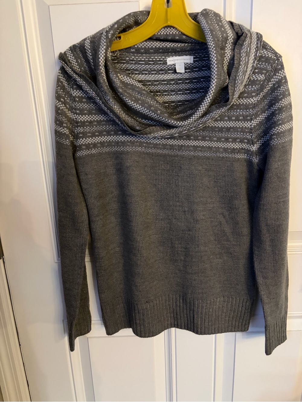 New York & Company Gray Cowl Neck Sweater with Fair Isle Yoke
